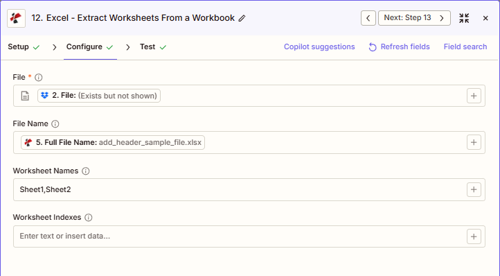 Configuração do Zapier para extração de planilhas do Excel com PDF4me - Arquivo, Nome do Arquivo, Nomes das Planilhas, Índices das Planilhas